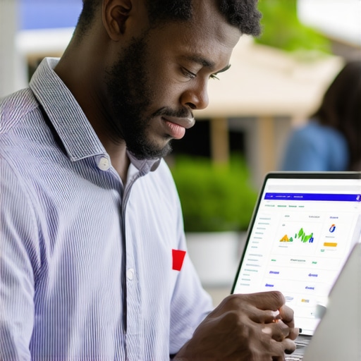 Business owner reviewing local SEO analytics with community involvement