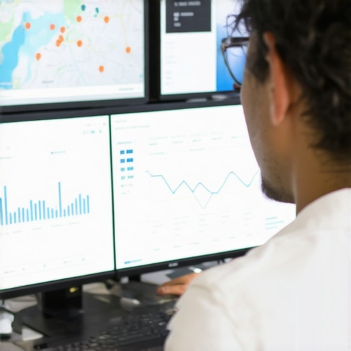 A person reviewing local SEO analytics on multiple screens showing maps and graphs