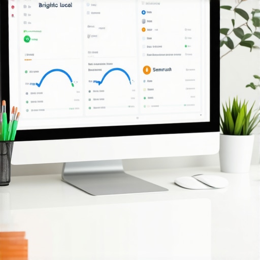 Screenshot of BrightLocal review management dashboard and SEMrush rank tracking interface on a computer screen.