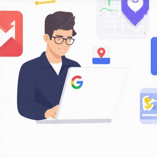 Business owner updating Google My Business profile on a laptop with maps and citations around.