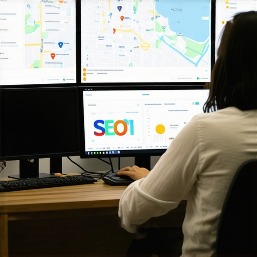 Person reviewing local SEO analytics and map rankings on computer screens.