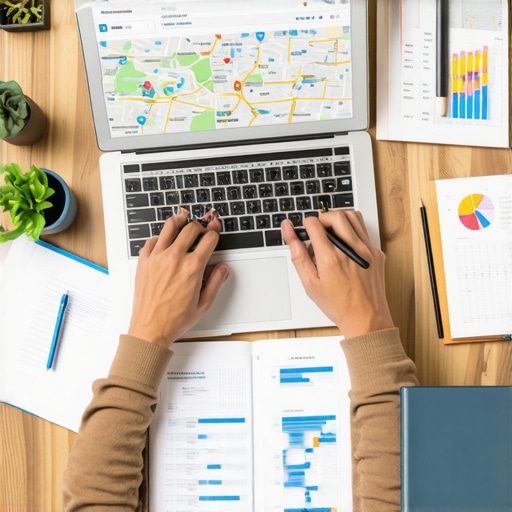 Person analyzing local SEO strategy with maps and data charts.