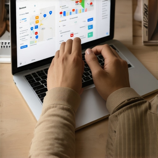 Person analyzing SEO data and maps on a laptop for maintaining local search rankings.