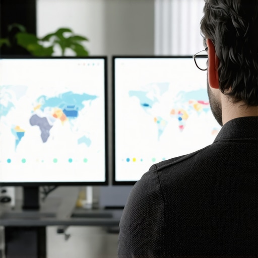 A person reviewing SEO performance charts and maps on digital screens.
