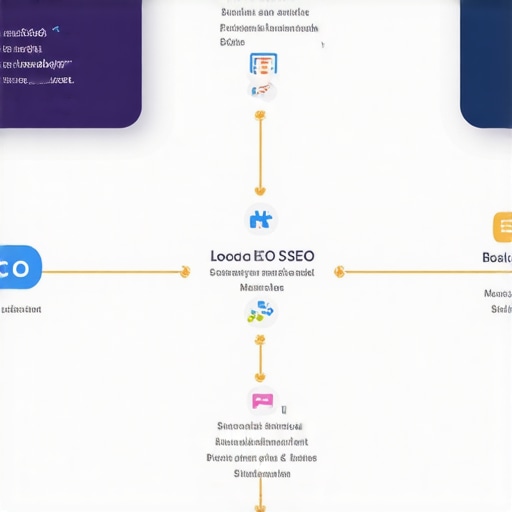 An illustrative diagram showing steps of local SEO strategy, including citations, content, Google My Business, backlinks, and monitoring.