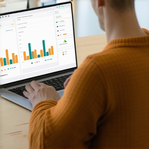 Local SEO Tools Dashboard Person monitoring local search rankings with SEO tools on laptop