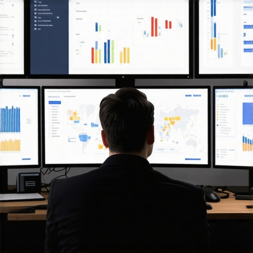 Optimizing Local SEO Tools in Action A digital marketer managing local SEO analytics with multiple monitors displaying maps and SEO data.