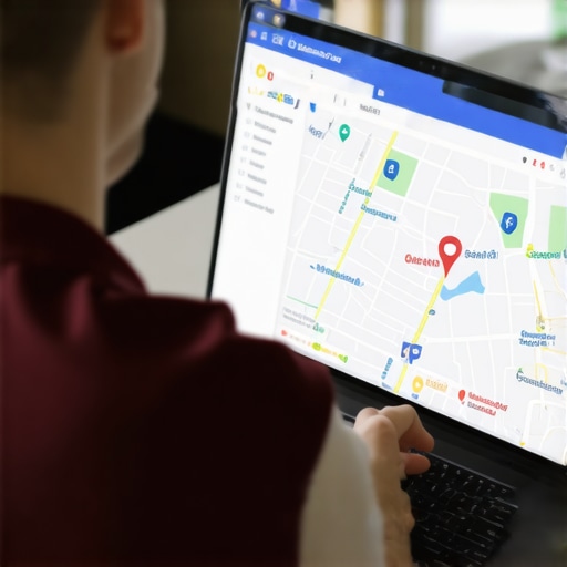 Business owner editing Google My Business listing on laptop, with local map in background