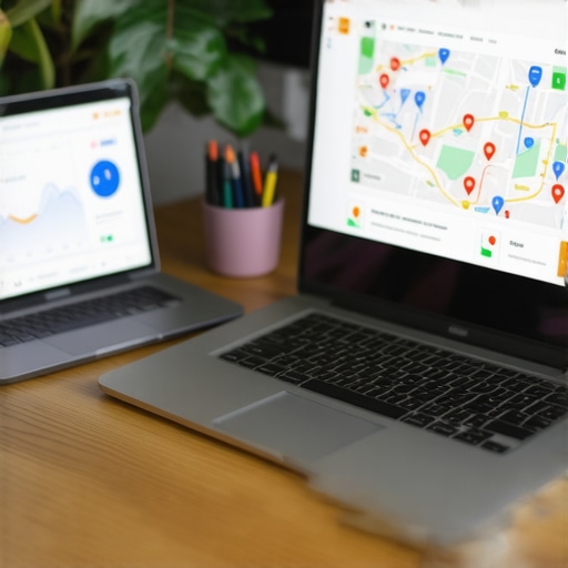 SEO Tool Workspace for Long-Term Success Workspace with SEO dashboards, graphs, and a laptop displaying local search rankings.