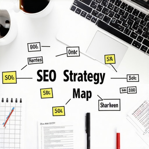 Strategic SEO Map Planning An illustration showing a comprehensive local SEO strategy map spread on a desk with notes and devices.