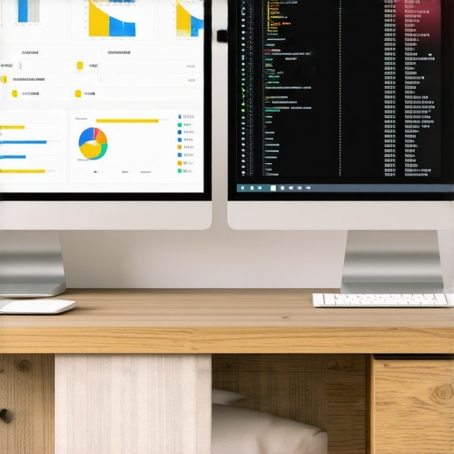 Optimized Local SEO Workspace A modern workspace with dual monitors displaying SEO tools for local ranking management