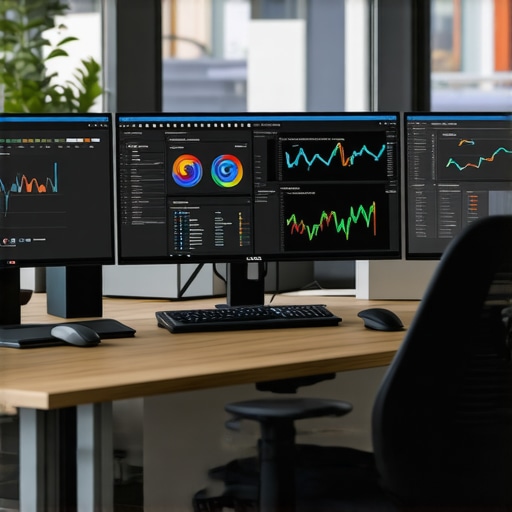 A workspace with SEO analytics dashboards on dual monitors to illustrate ongoing map ranking maintenance.