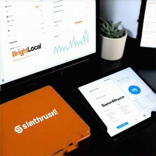 Digital Workspace with SEO Tools A workspace with BrightLocal and SEMrush dashboards, illustrating local SEO monitoring and management tools.