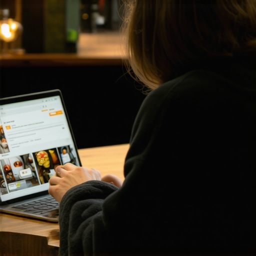 Business owner replying to reviews online in a café setting.