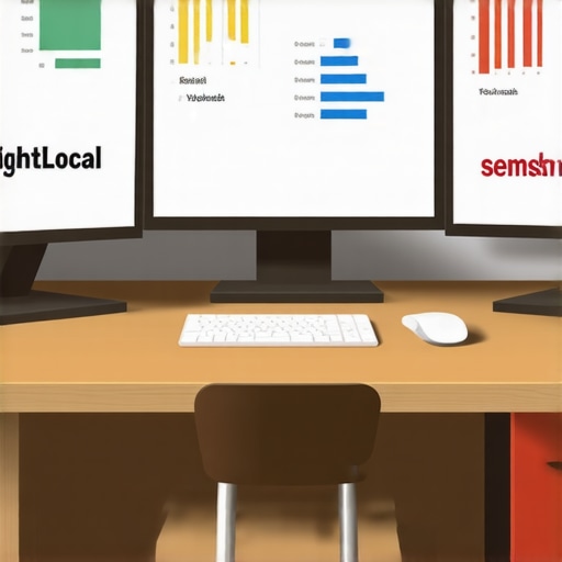Computer screens displaying SEO dashboards and tracking tools for local SEO management.